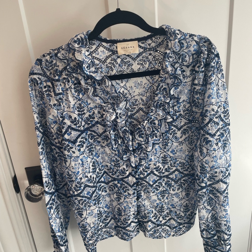 Sezane Blue and White Printed Ruffle V-Neck Blouse - Picture 2 of 3